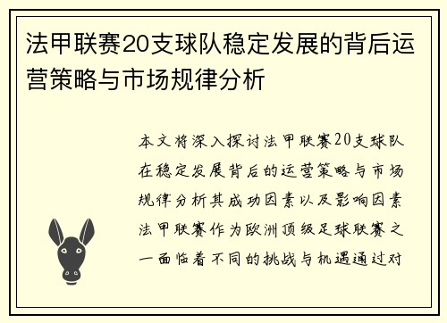法甲联赛20支球队稳定发展的背后运营策略与市场规律分析